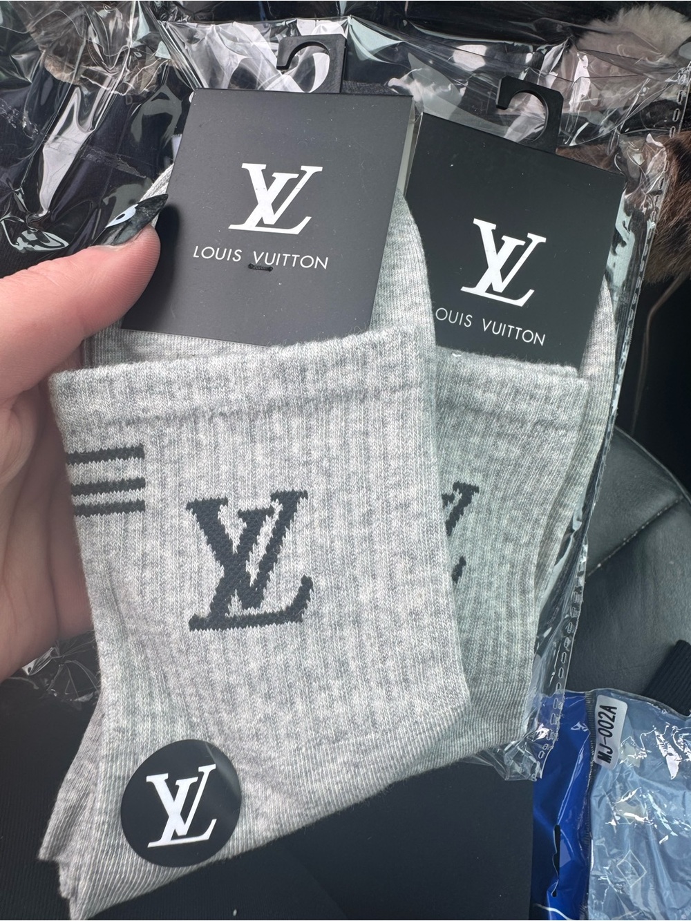 Louis Vuitton Light Gray Crew Socks with Black LV Logo